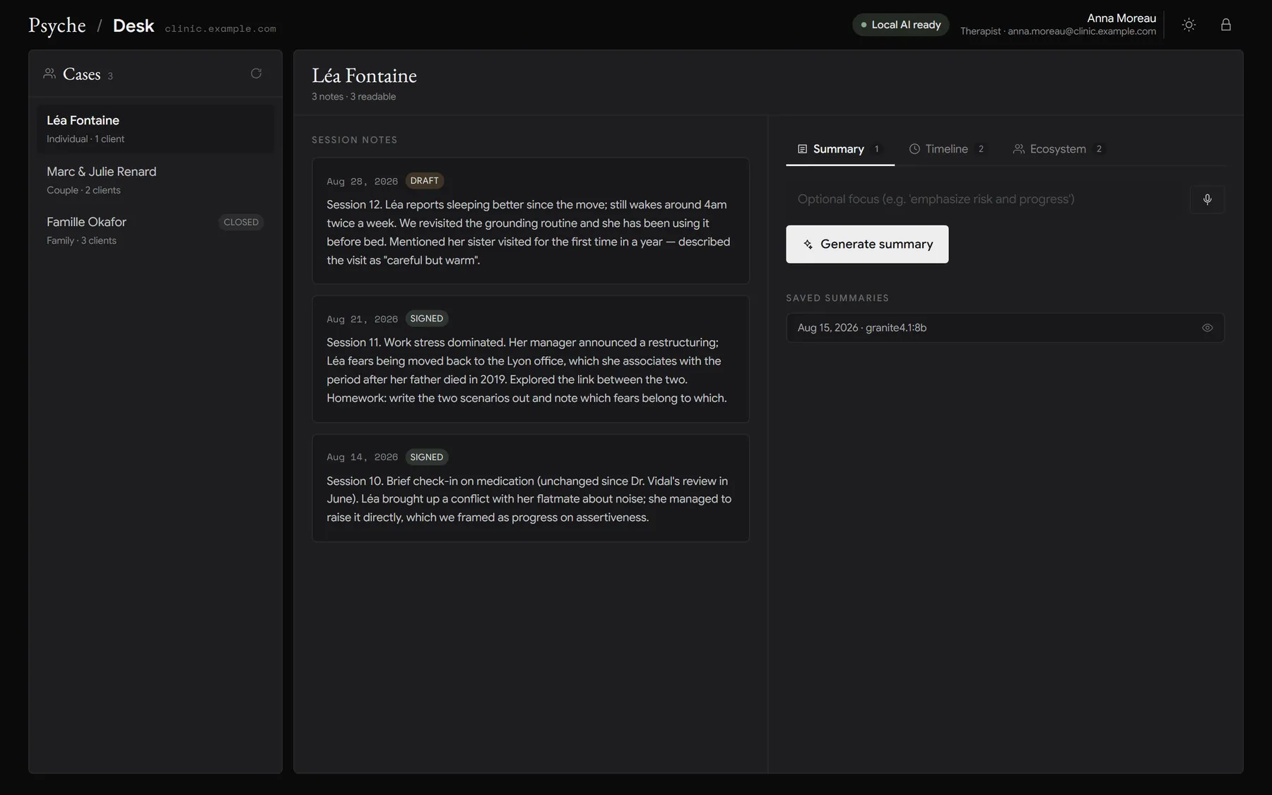 Case workspace: decrypted notes, Summary / Timeline / Ecosystem